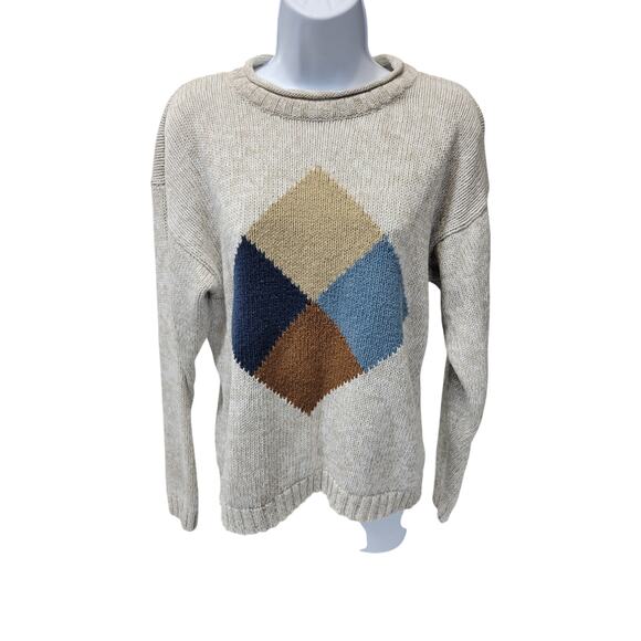 Pasta Sweaters - VTG Pasta Womens M Cotton Blend Knit Crew Neck Sweater white Color Square Blue